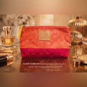 Coach Weekend Colorblock Nylon Zip Pouch | Coral Pink Orange | Signature C NWOT